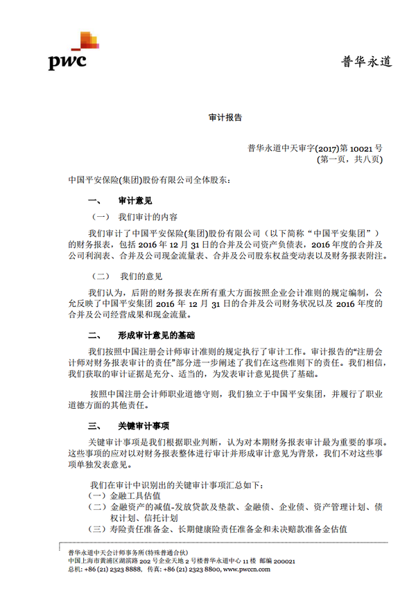 今年由普华永道签发的平安审计报告共有 8页长.看图,右上角.