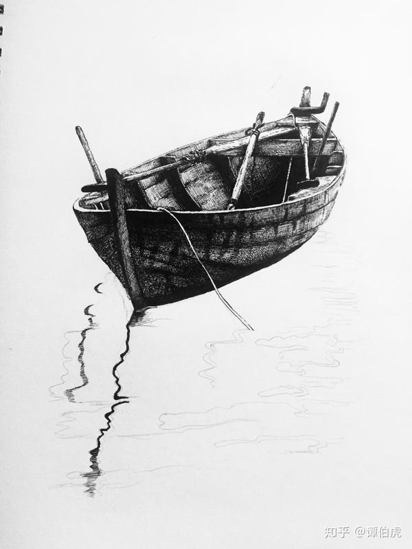 谭伯虎钢笔画作品《一叶轻舟》