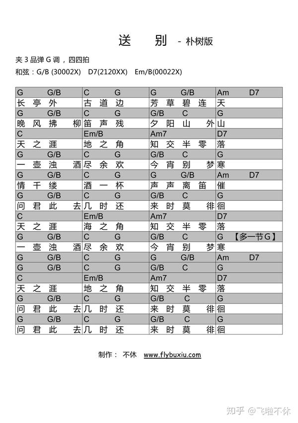 【吉他谱】《送别》- 朴树(电影"厨子戏子痞子"片尾曲