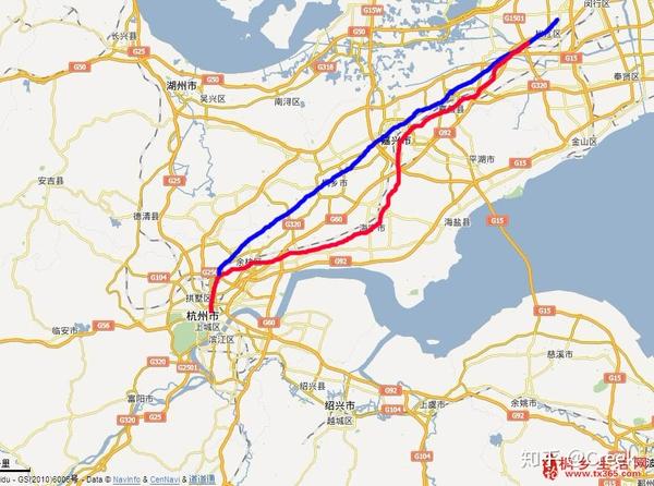沪杭铁路规划走向(图中蓝线)和实际走向(图中红线)