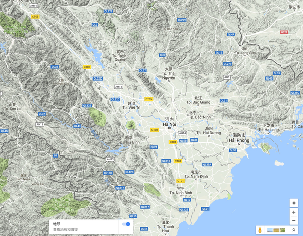 下面从北向南,来看看越南的各种地理区域——用google地图的地形功能