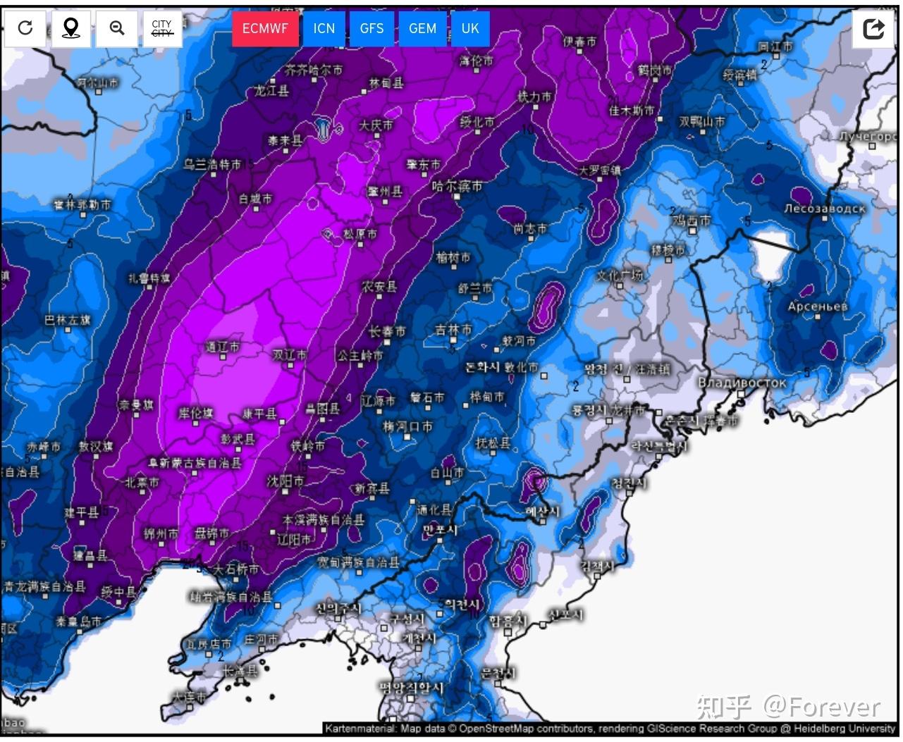 截止到10日的积雪预报,降雪中心在通辽