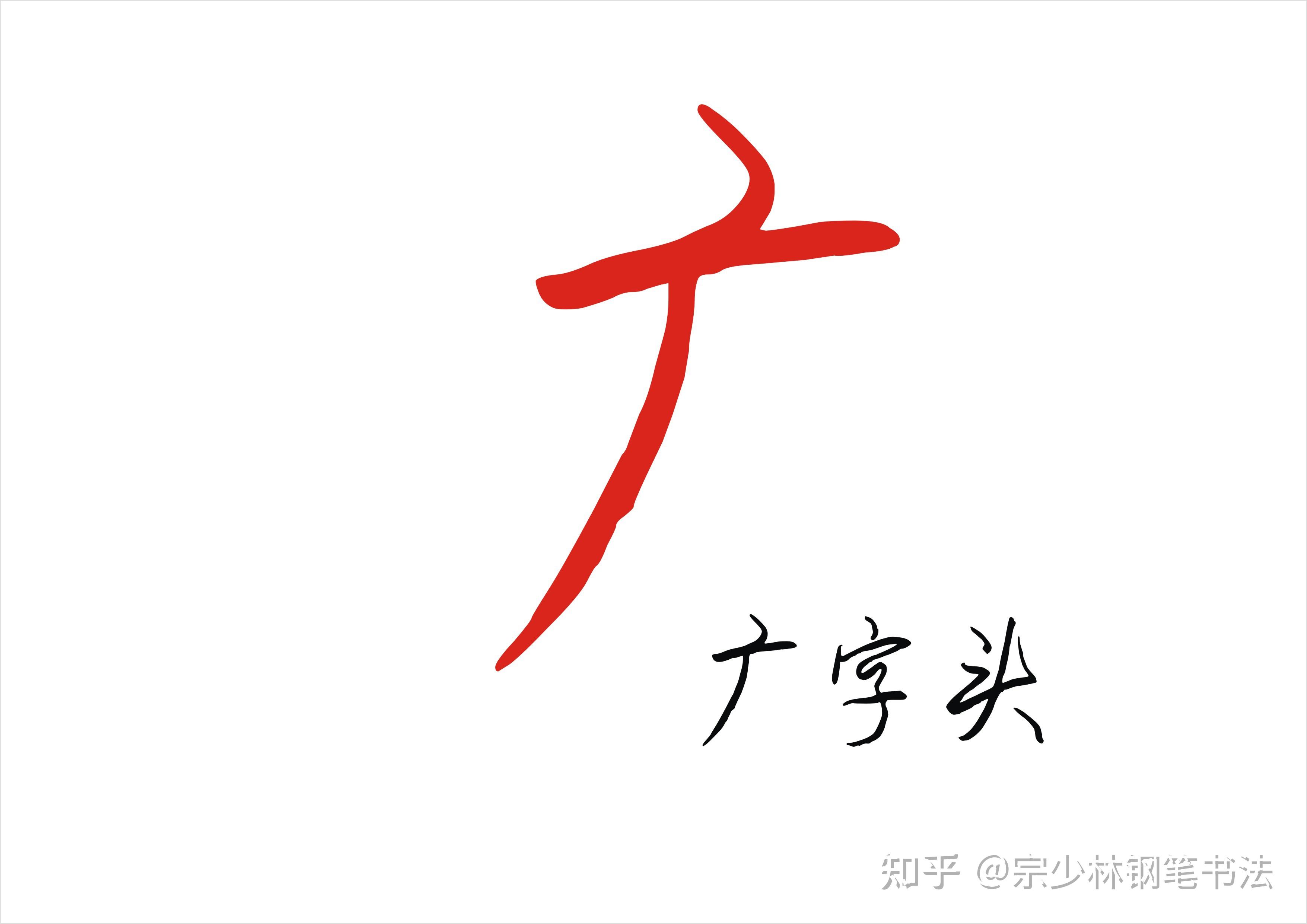 广字头,是有侧点,短横,和斜撇组成,是一个斜包围结构的部首.