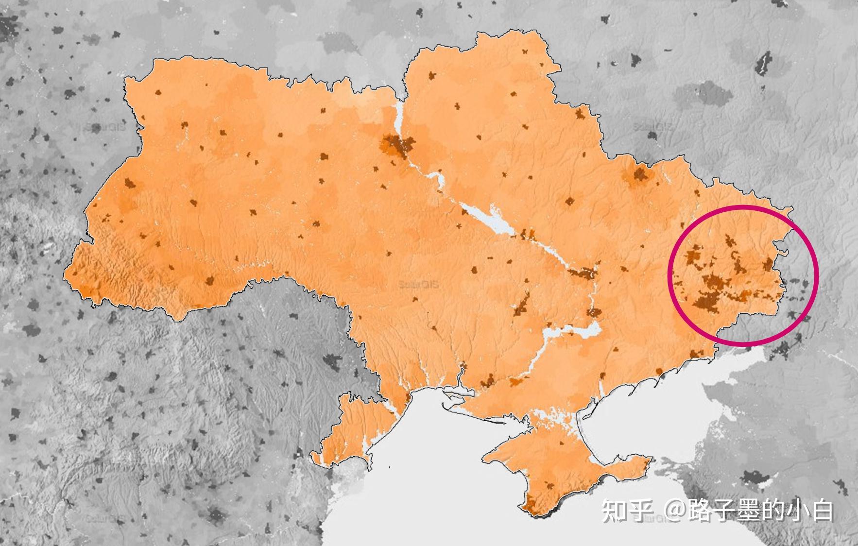 乌克兰人口密度图,粉红圈内为本次热点地区顿巴斯(顿涅茨克和卢甘斯克