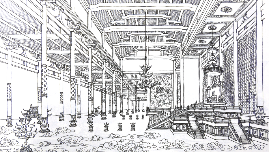 杨老手绘的《大闹天宫》凌霄宝殿气氛图在一幅幅严谨图纸的背后,其实