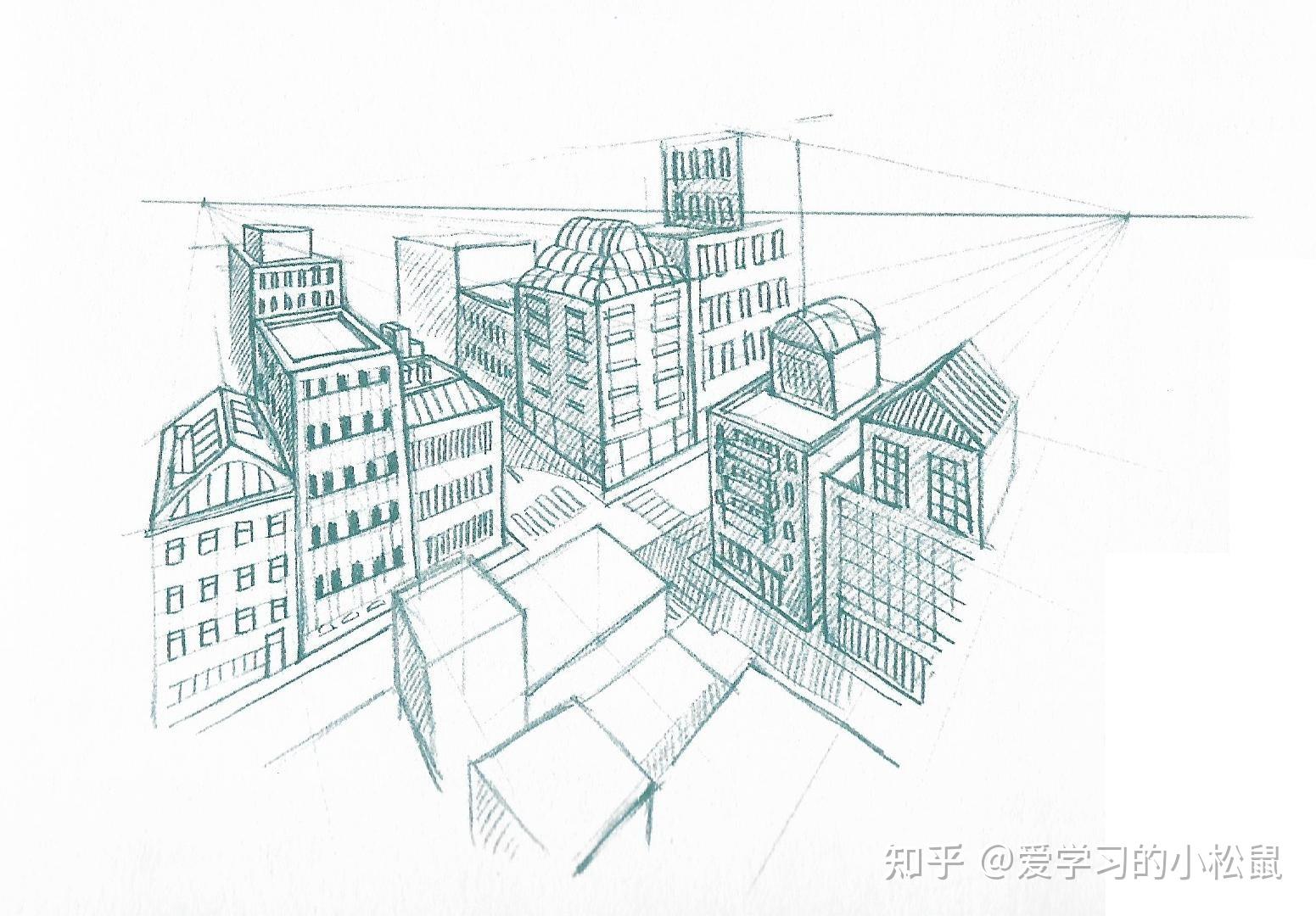 要画一幅从空中俯瞰的城市景象,先要建立透视网格,从上方的消失点往下