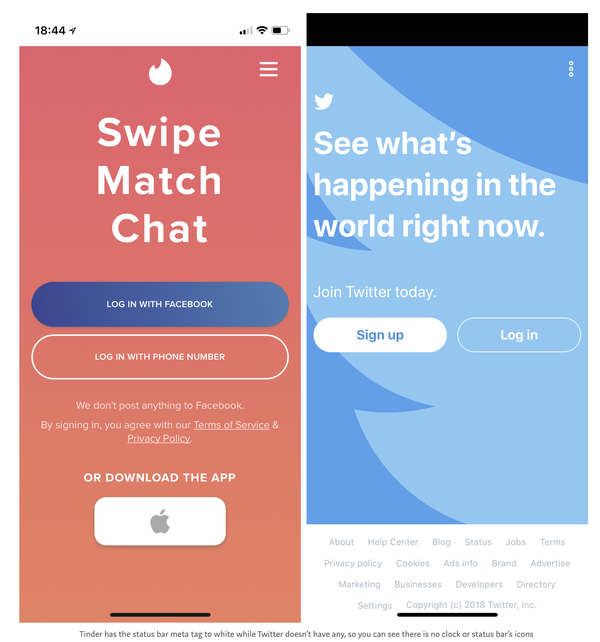 tinder 有 meta 标签和 twitter 没有 meta 标签的对比,后者的状态栏