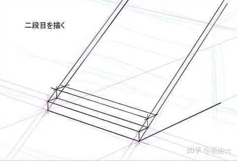 通过用一条直线连接楼梯的第一步的拐角和坡度透视图的消失点来制定