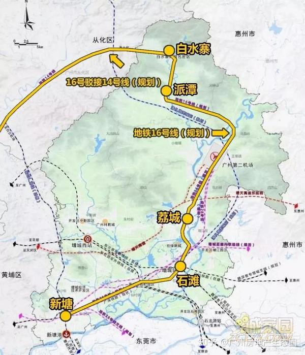 地铁16号线(规划)经石滩,荔城一直延伸至派潭,白水寨,再到从化与从化