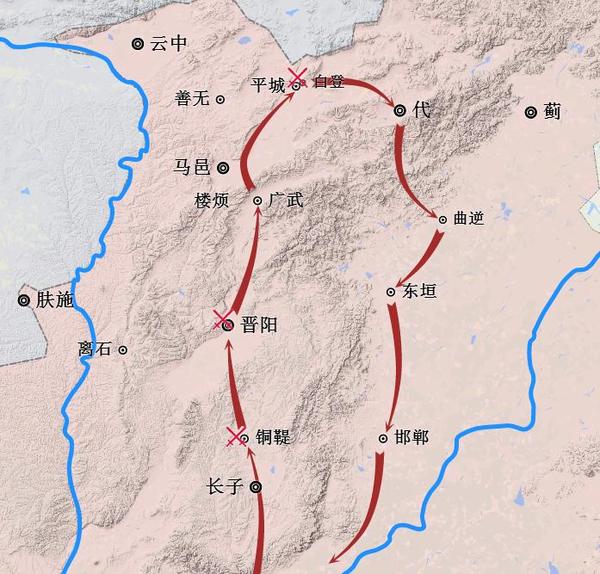 刘邦北上平叛以及回军路线示意图