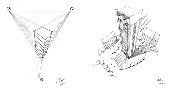 三点透视,从建筑手绘的角度来说,是在两点透视的基础上,俯视或仰视