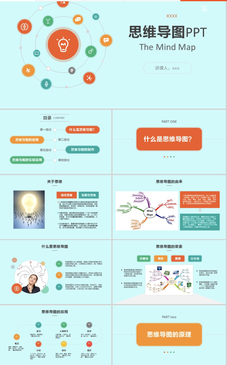 精选72套思维导图培训课程ppt模板介绍应用教学课程教育课件头脑风暴