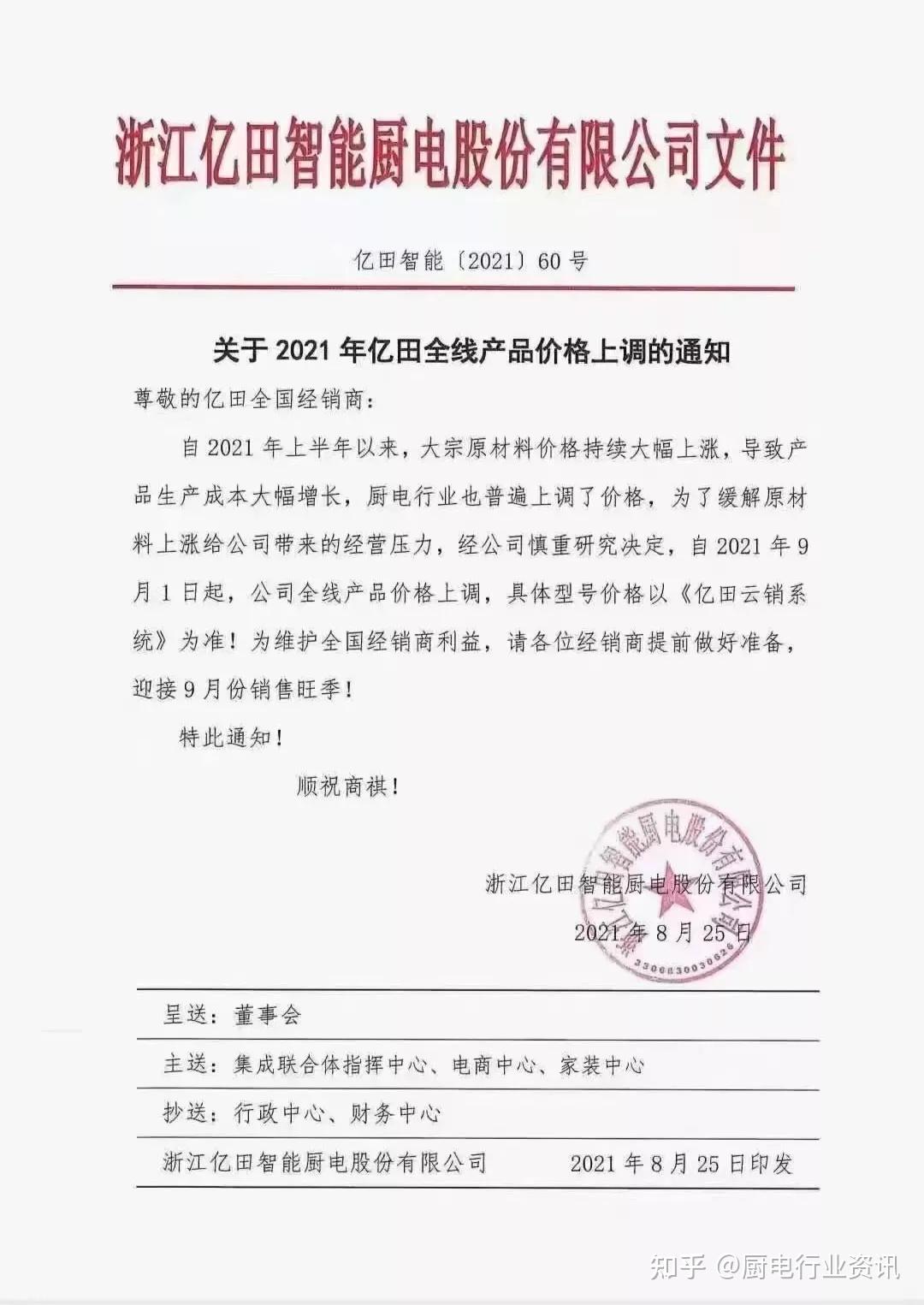 涨价通知亿田智能帅丰电器森歌电器万事兴电器等集成灶品牌纷纷发布