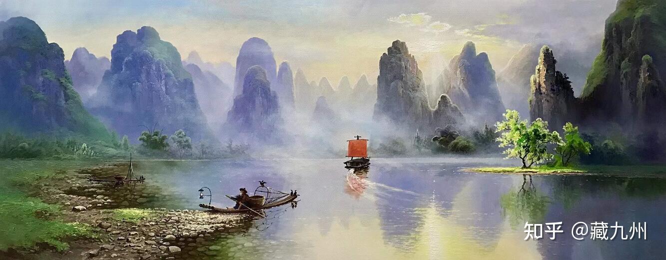 龙蟠油画桂林山水万物复苏微风荡漾烟雨朦胧的晨曦