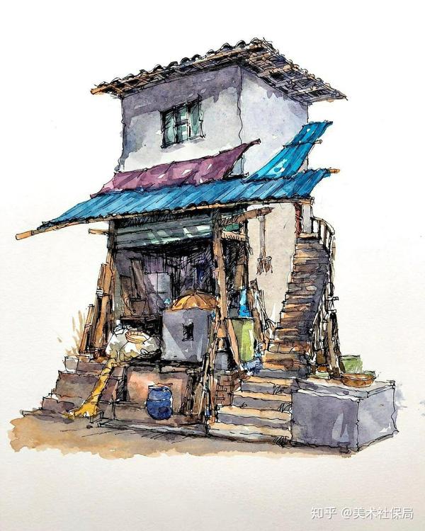 手绘街边的老房子,水彩风景艺术家,千石(qian shi) ?