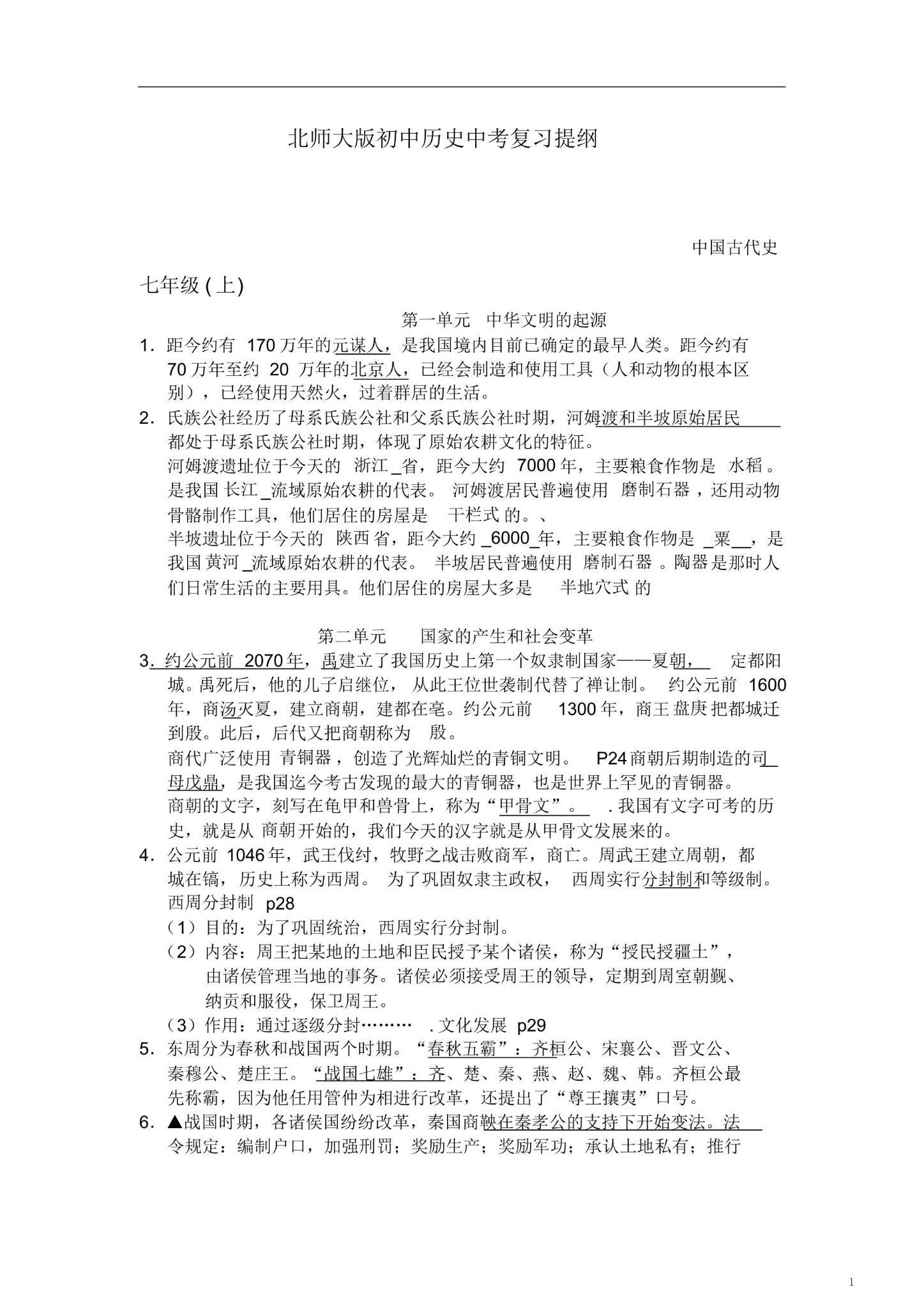 中考历史初中历史中考复习提纲