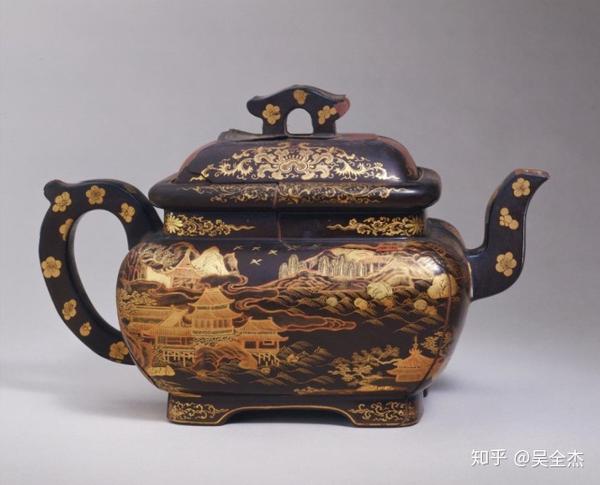 宜兴窑紫砂黑漆描金彩绘方壶  清