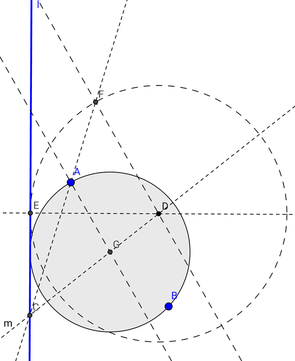 连结ca,任选中垂线m上一点d向切线l垂足为e以de半径作圆交ca于f,连结