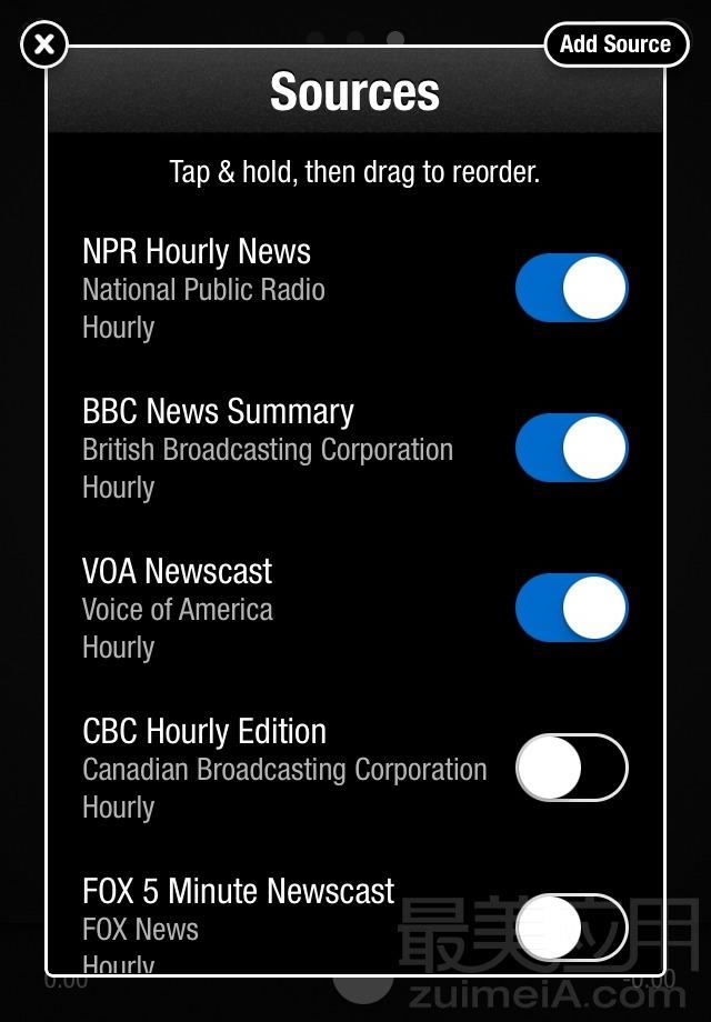 hourly news 裡包含了幾乎所有主要新聞源:npr,bbc,voa,fox 5,abc,cbs