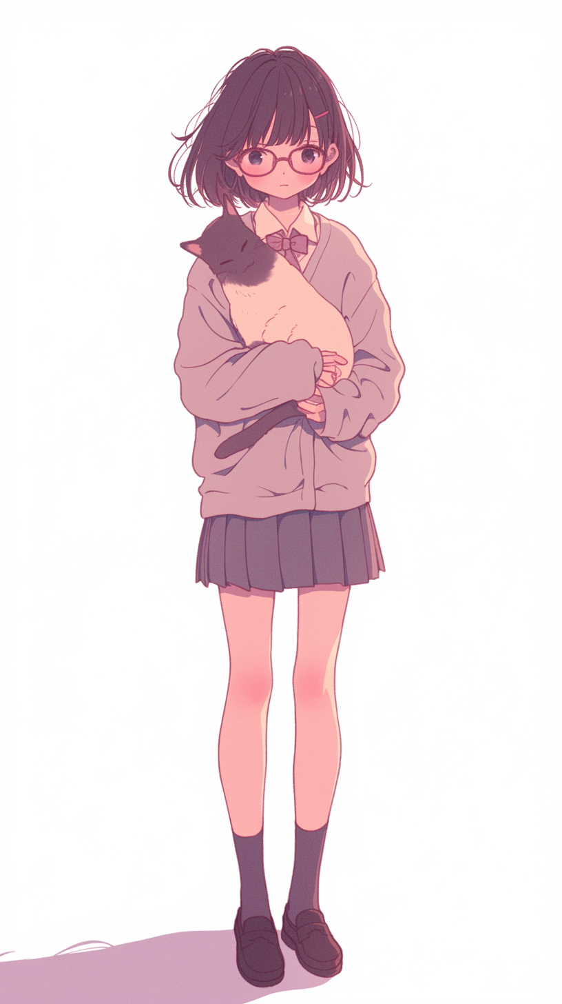 李宝库 的想法: 抱着猫咪的少女·治愈画风#ai插画