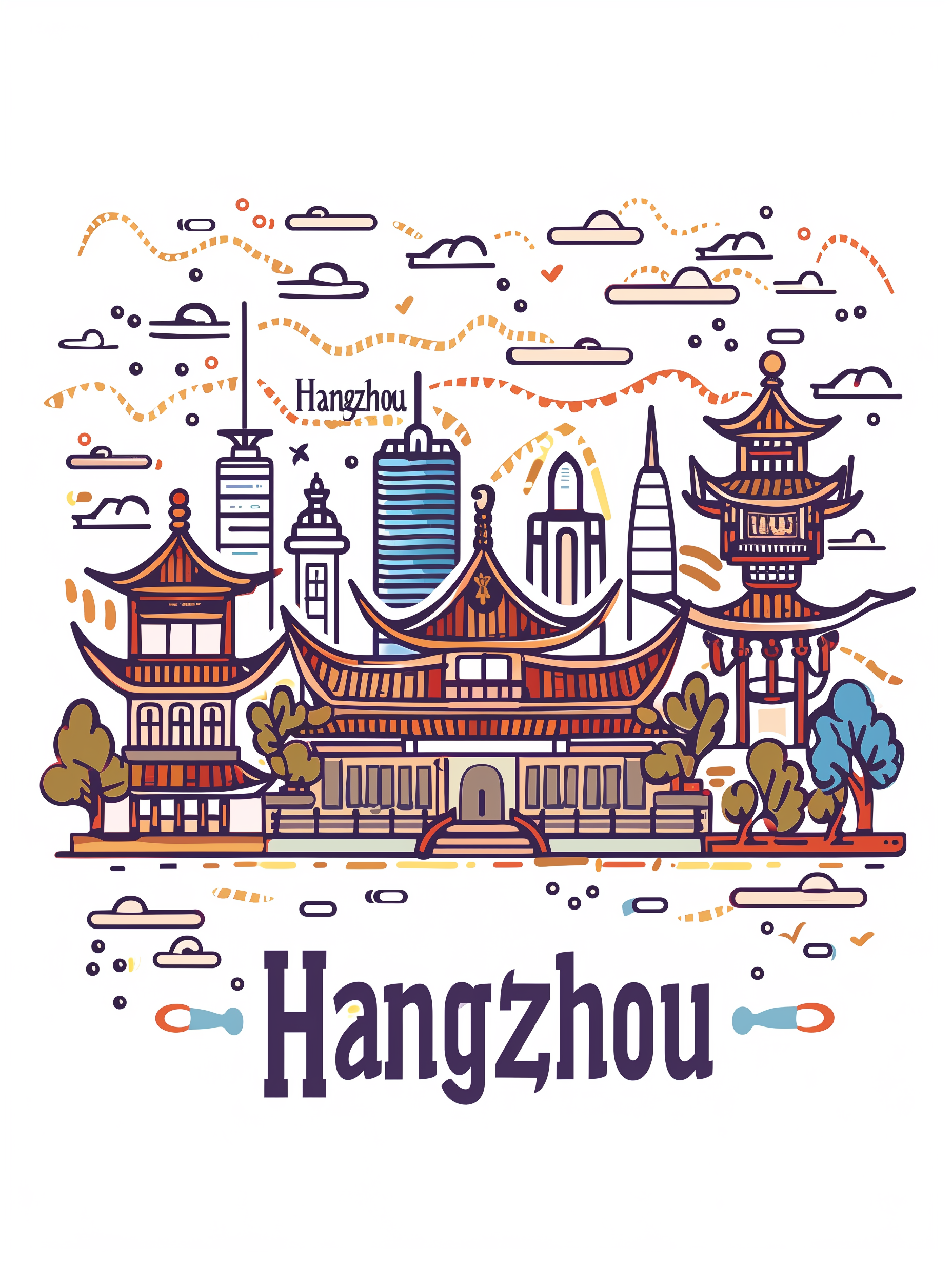 ai绘画杭州城市手绘风贴纸城市手绘风贴纸第二弹杭州以灵隐寺和西湖