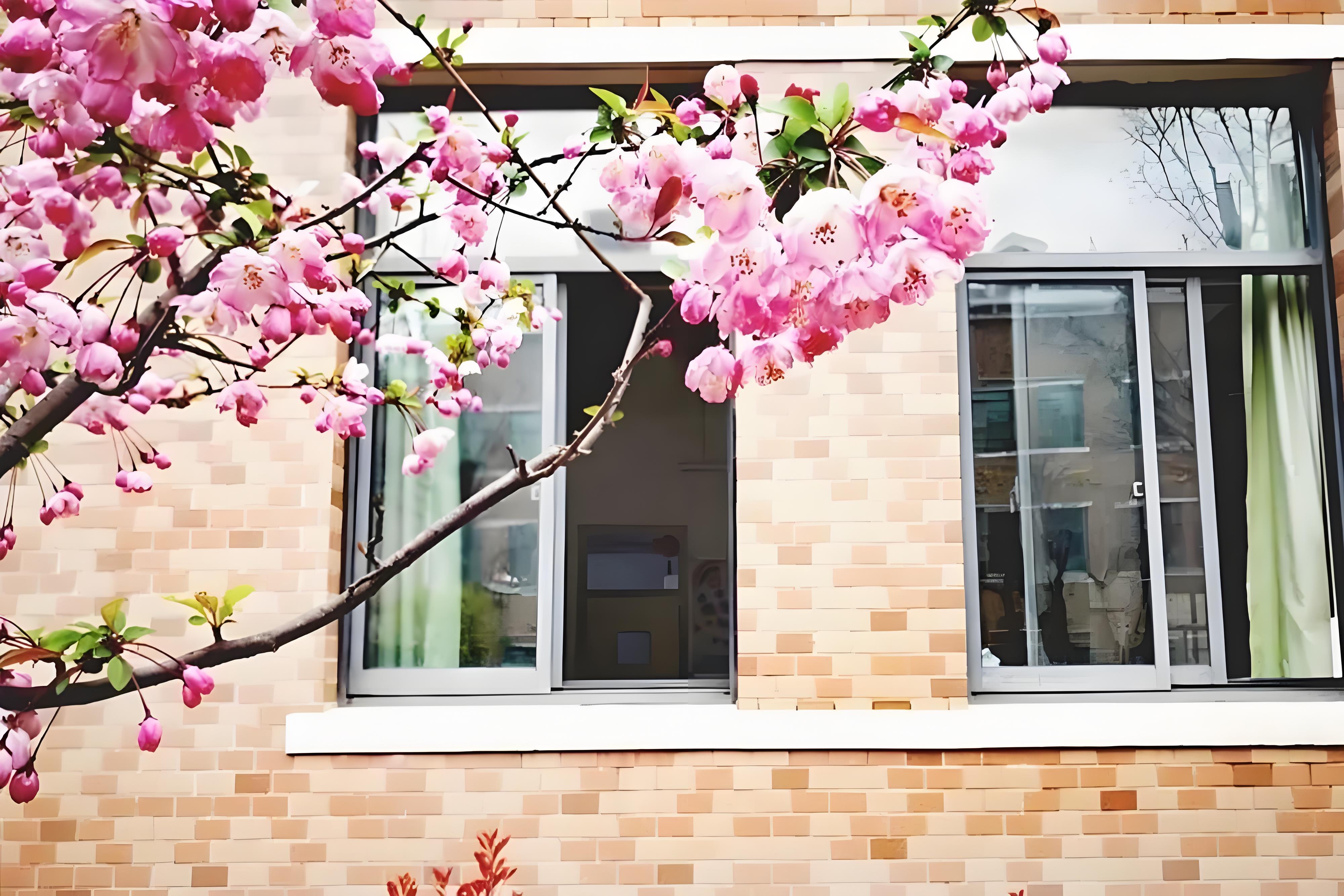 我家窗外的春天透过窗户春天绚丽的景色尽收眼底婀娜多姿的树木绽放的