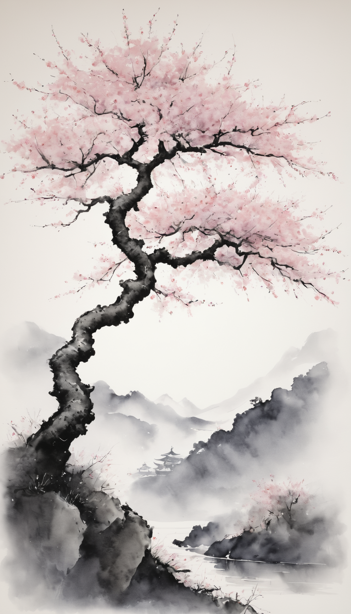 水墨画中的自然韵味丨117期手机壁纸分享 | 一株樱花树,如水墨画一般