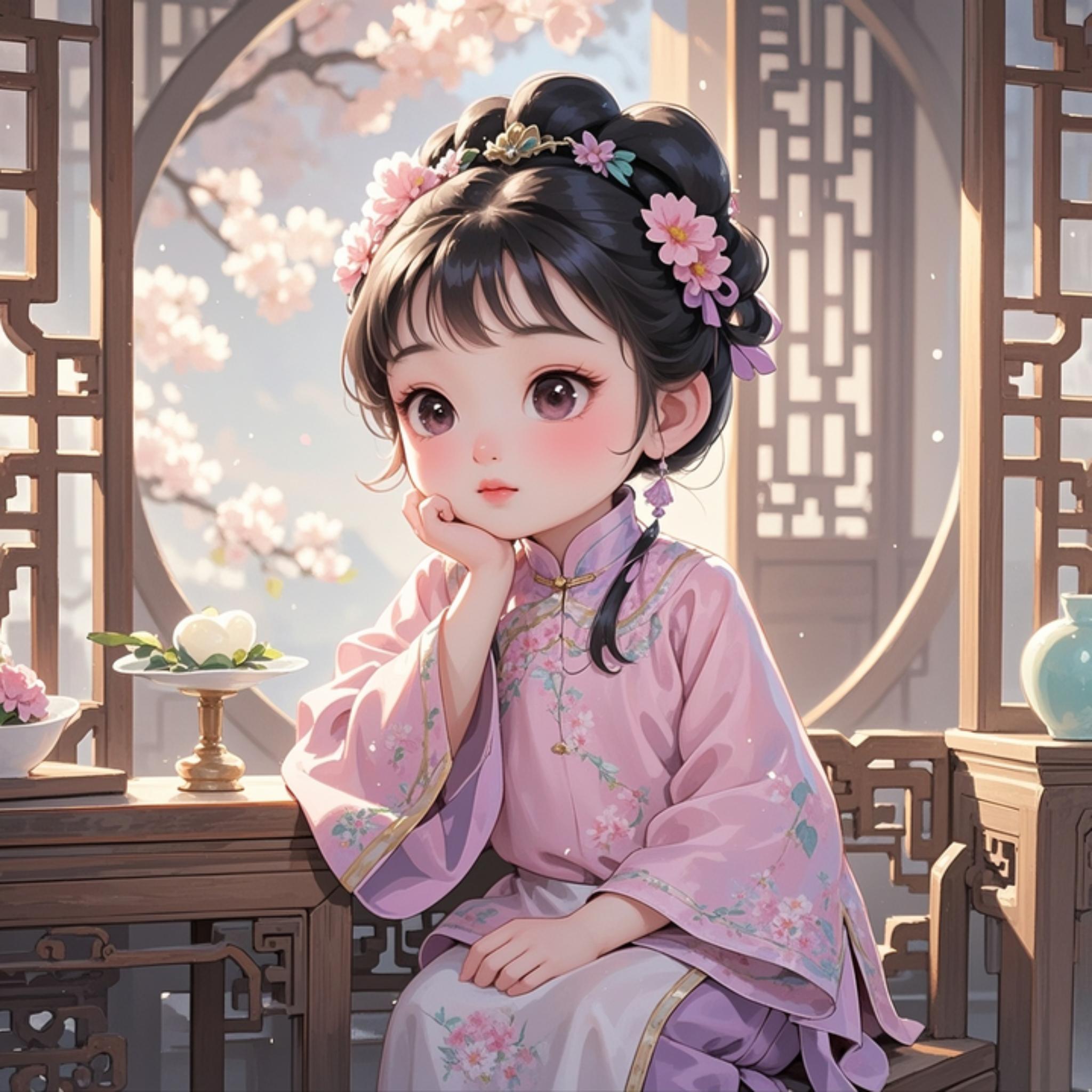 即梦ai文生图创作 #q版人物 卡通风格,脸颊圆润粉嘟嘟的可爱林黛玉