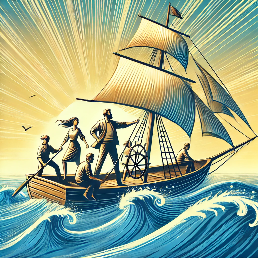 一艘船上形象卡通水手在风浪中图片大海航行靠舵手航船掌舵术有船员