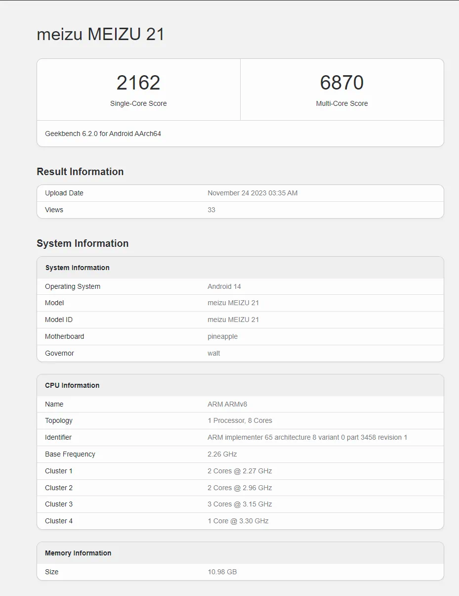 魅族21跑分曝光值得期待从geekbench跑分网站上的信息来看魅族21将