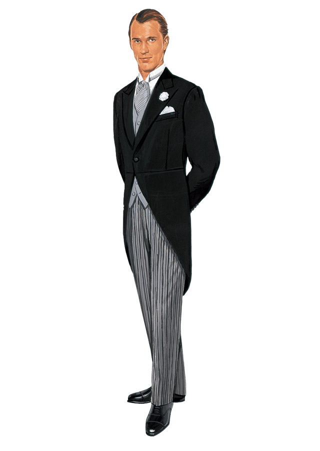 首先白天,现代来讲最正式的就是晨礼服了 晨礼服现在不多见了,一套