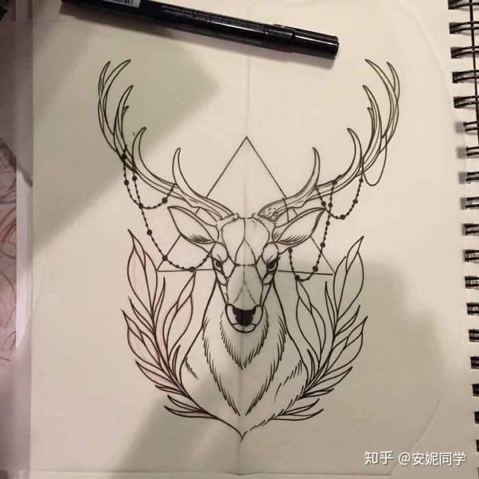 梅花鹿纹身手稿图案图片
