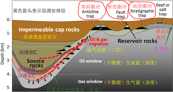 (综合体现一个盆地内,深部烃源岩的油气经过初次运移(排烃,二次运移