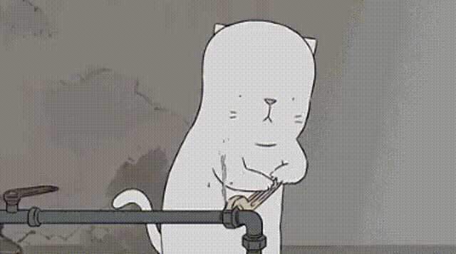 求一张动图,小熊用扳手修水管,修好一个就会有一个更粗的水管漏水