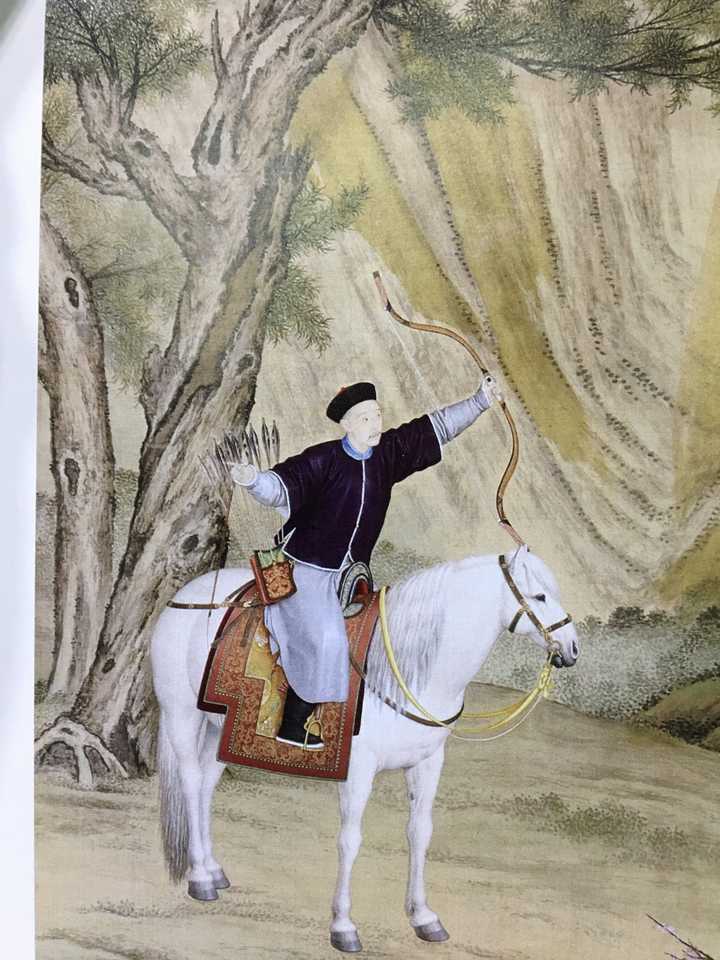 清·郎世宁 画的乾隆狩猎出行的局部,注意看弓形