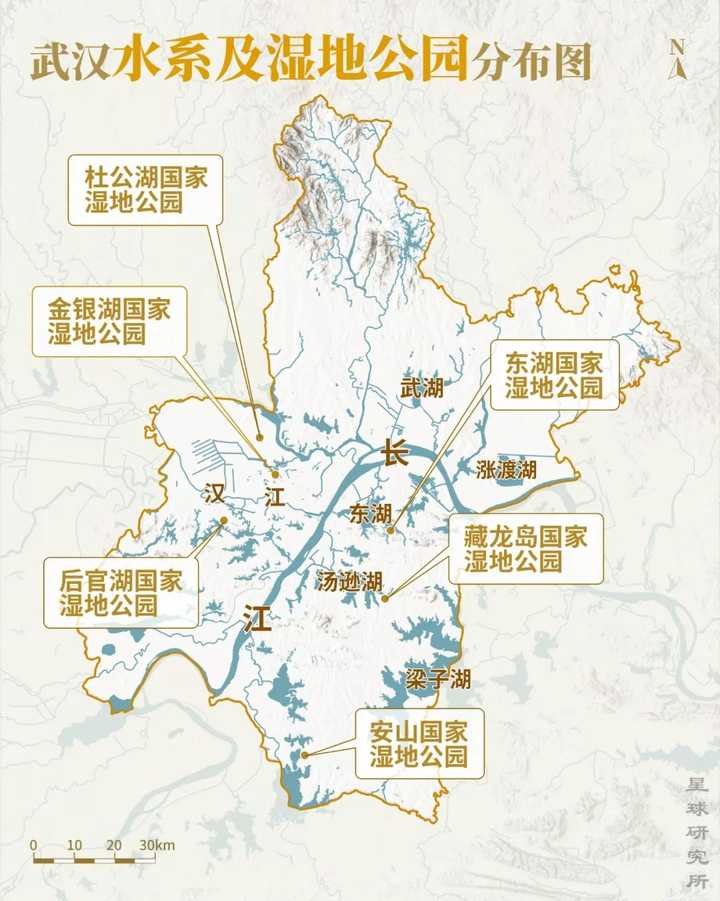 武汉水系及湿地公园分布图,制图@巩向杰&郑伯容/星球研究所