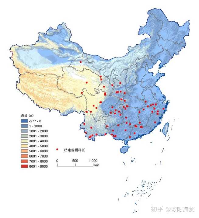 截至2017年底,哺乳动物多样性观测样区分布图(图片来源:生物多样性