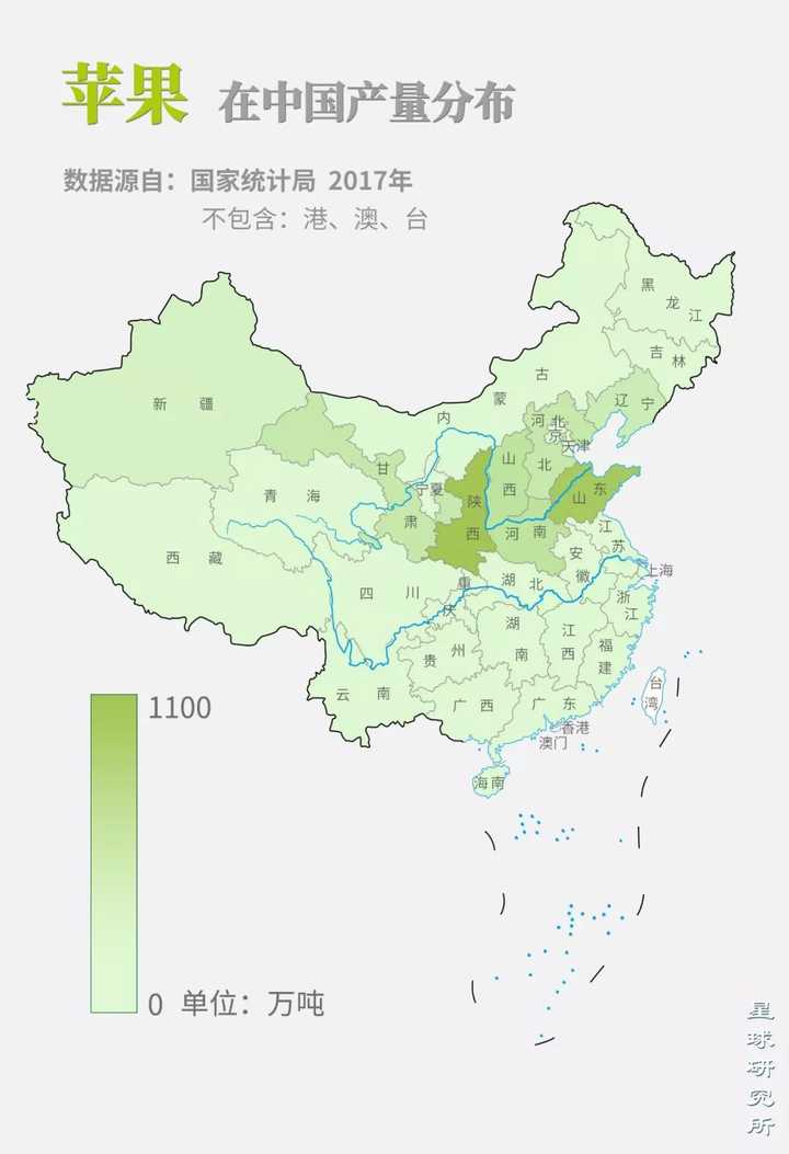 苹果在中国的产量分布,制图@张靖巩向杰/星球研究所