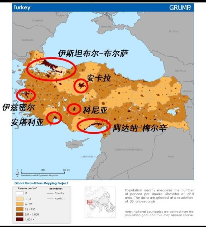 土耳其人口密度圖,顏色越深人口密度越大