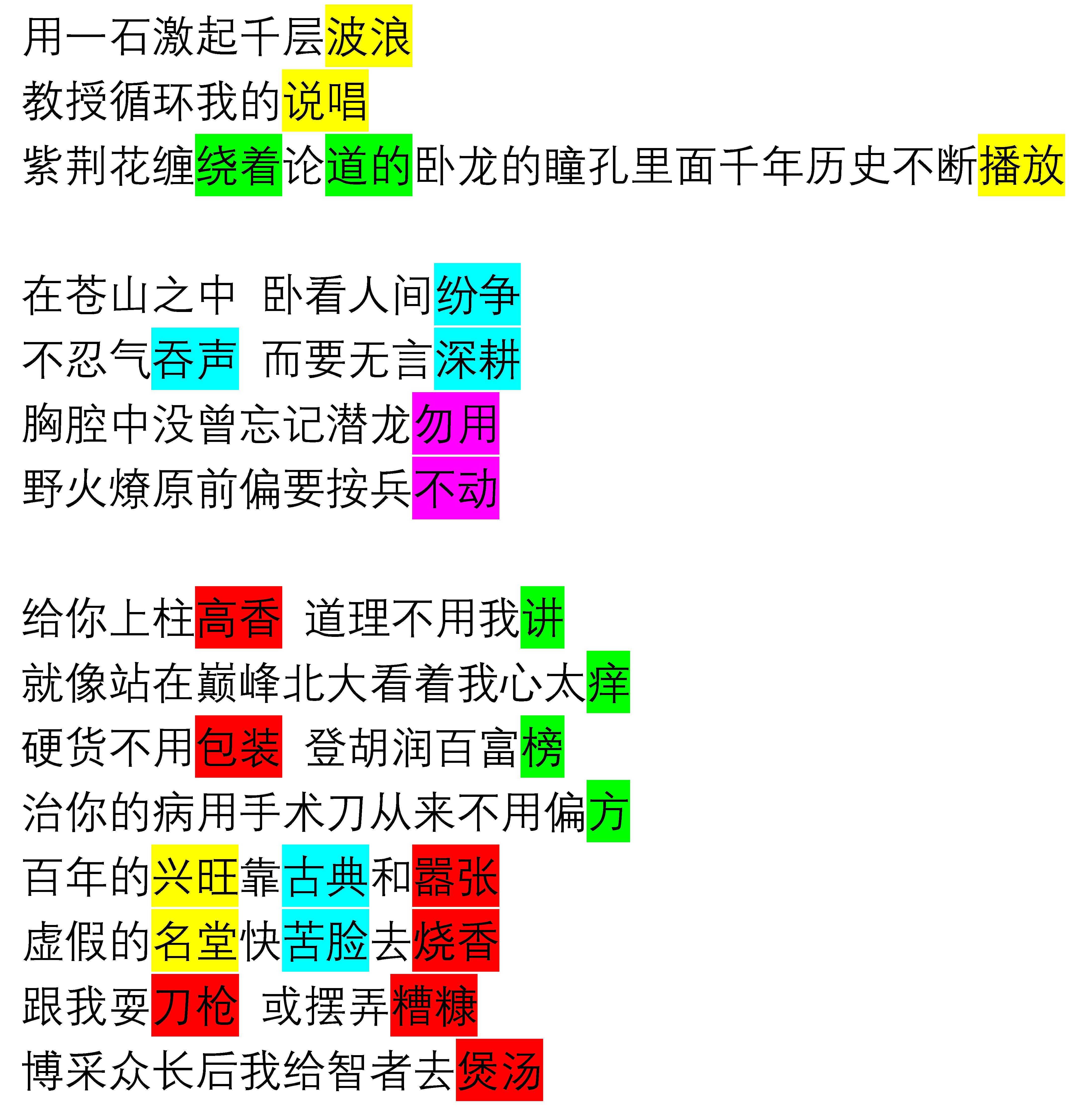 verse 1:verse 2:verse 3:整首歌押韵很工整,大部分都是双押,而且也有