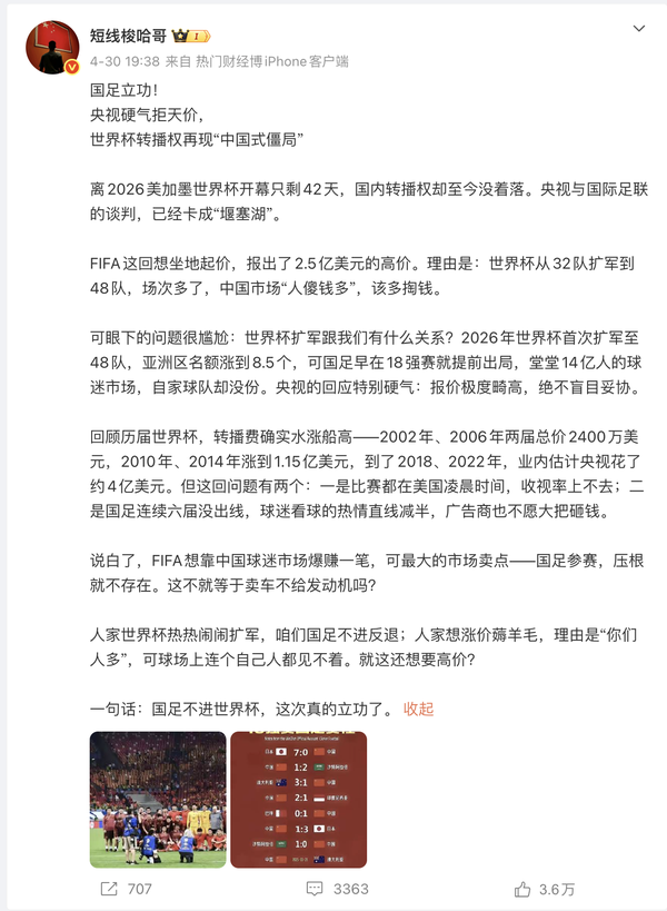 解说员王涛称央视认为 FIFA 世界杯版权 3 亿美元新标价离谱，这会带来哪些影响？