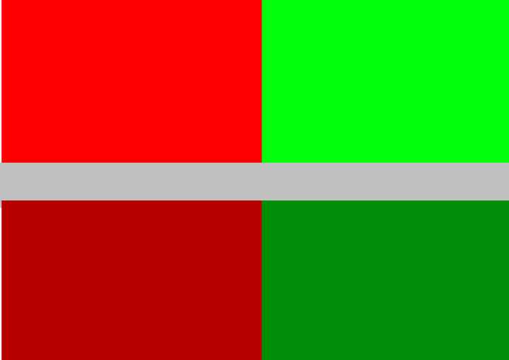 小面积的红色与绿色互补,小面积的黄色与绿色对比,同时黄色与红色对比