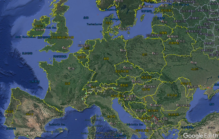 我们再看看欧洲 蓝色线是欧洲的主要山脉