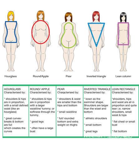 谢不邀,先上个各种身材的对照表,再来讲苹果型身材的穿搭