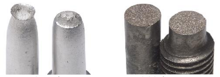 高塑性材料(左)和脆性材料(右)断口的对比,塑性材料在断裂前发生了