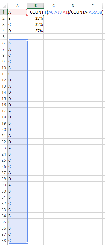 excel一列字母统计ABCD,如何求出某一字母在