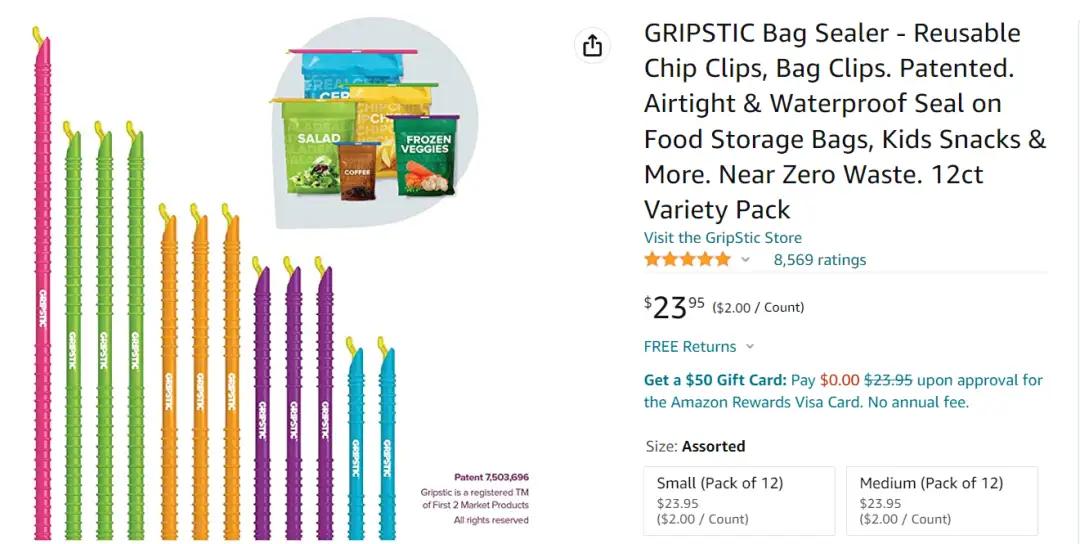 GRIPSTIC Bag Sealer - Reusable Chip Clips, Bag Clips. Patented. Airtight &  Waterproof Seal on Food Storage Bags, Kids Snacks & More. Near Zero Waste.  12ct Variety Pack Assorted