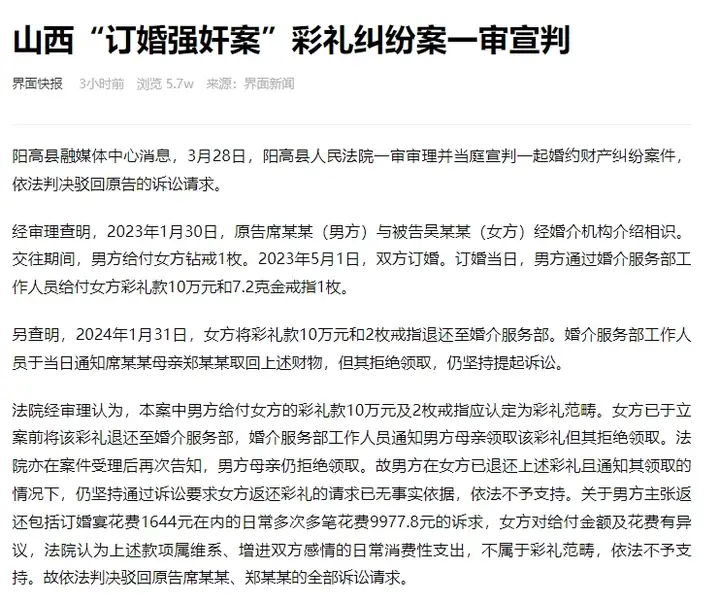 2,3月28日,山西大同"订婚强奸案"彩礼纠纷案一审宣判,依法判决驳回