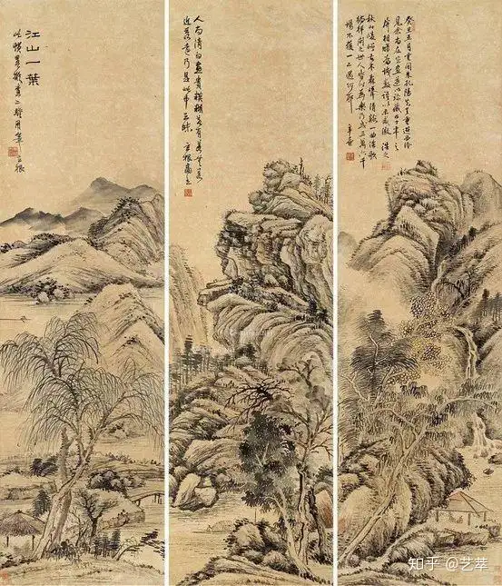 珍品旧蔵* 作者：關山月中国近代書画大家作品山水畫四條屏中堂畫手描き