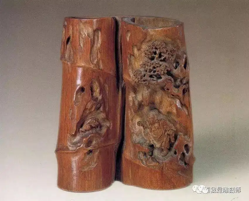 オリジナル 竹彫名家 清時代 中國 陰彫人物 徐祥銘 竹彫筆筒 松樹 木工 